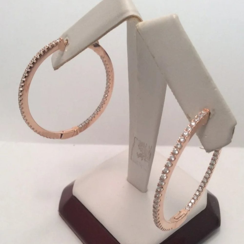 Rose Solid 925 Sterling Silver POLISHED  HOOPS CZ EARRINGS 1 1/2''